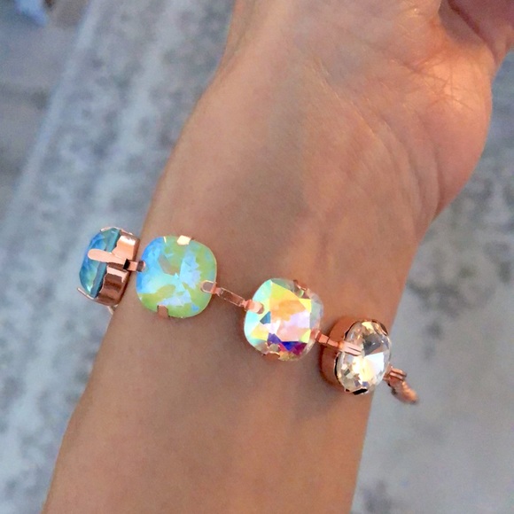 Aquamarine + Peridot AB Cushion Rose Gold Crystal Tennis Bracelet - Picture 8 of 11